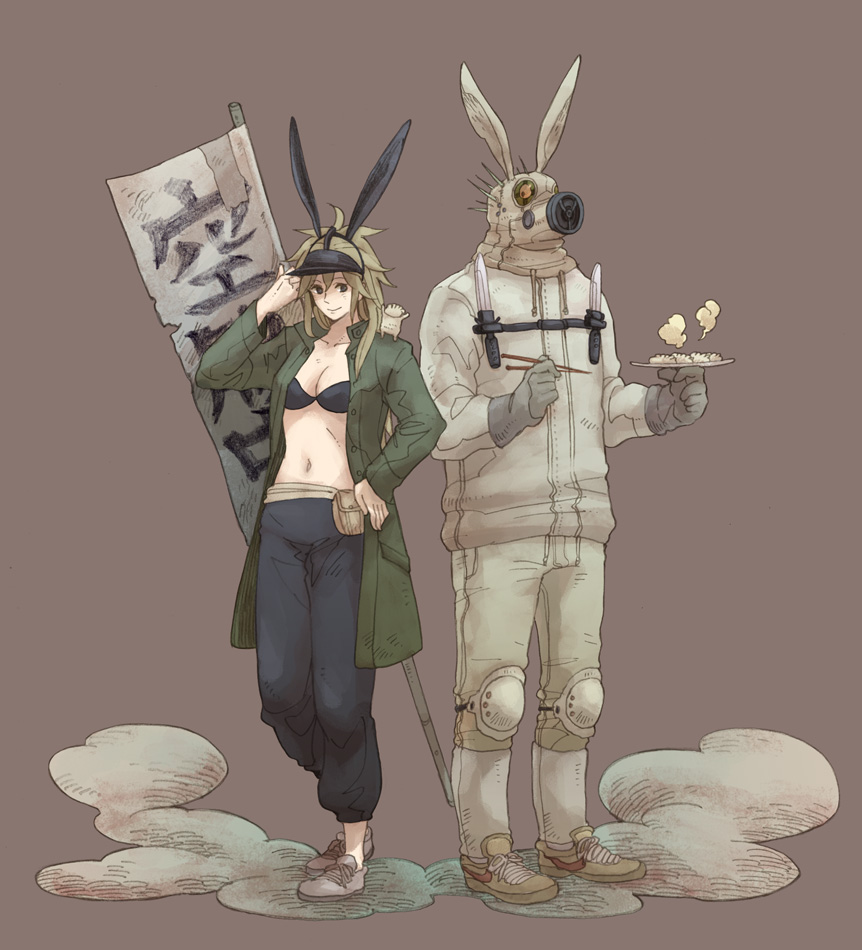 bad_id bra breasts bunny_ears caiman chopsticks cleavage dorohedoro food gyoza_man jiaozi knife lingerie mask navel nikaido open_clothes open_shirt rabbit_ears shirt underwear uoka_qalp