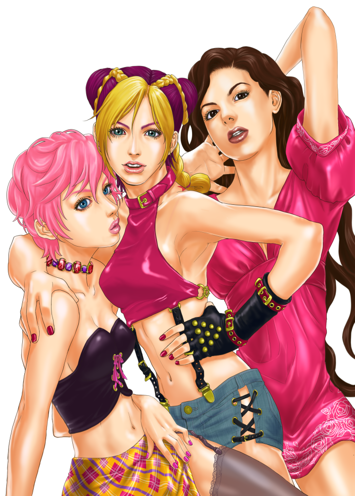 3girls blonde_hair brown_hair double_bun face fingerless_gloves gloves hands jojo_no_kimyou_na_bouken kujo_jolyne kuujou_jolyne lips long_hair midriff multiple_girls pink_hair short_hair shorts thighhighs trish_una tz v-room yamagishi_yukako