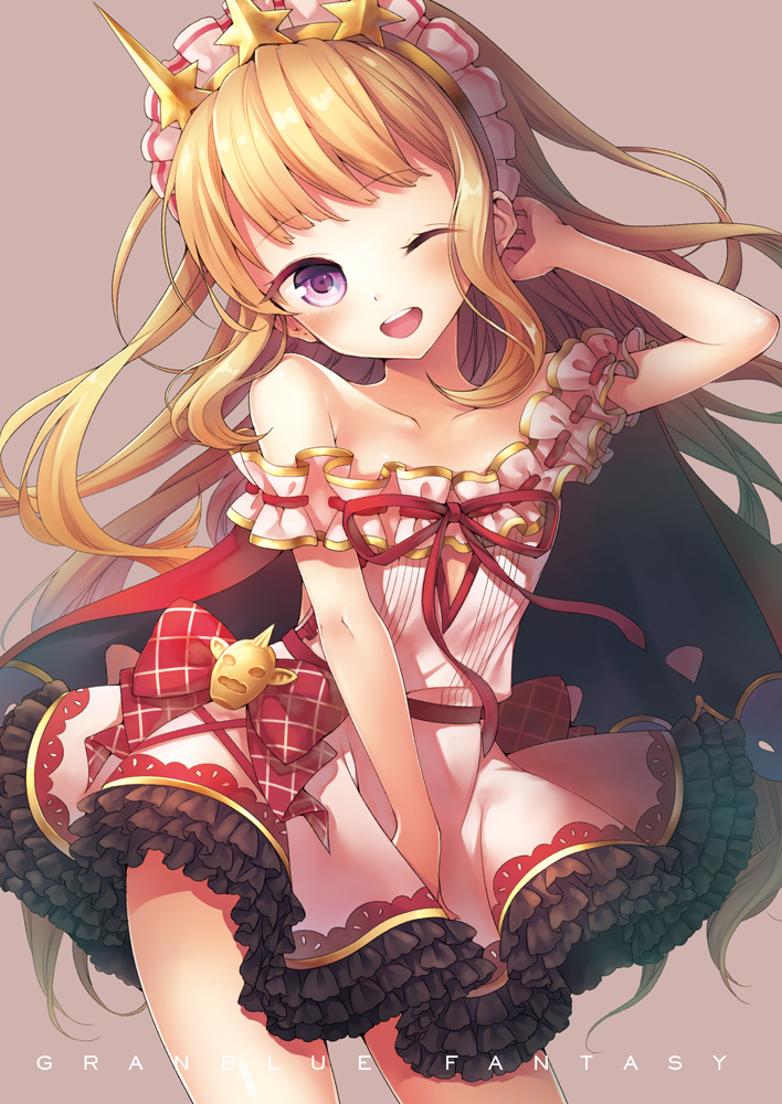 1girl :d bangs bare_shoulders blonde_hair blunt_bangs bow cagliostro_(granblue_fantasy) capelet collarbone cowboy_shot dress flat_chest granblue_fantasy hairband hand_behind_head long_hair looking_at_viewer off-shoulder_dress off_shoulder open_mouth red_bow red_ribbon ribbon ribbon_trim round_teeth short_dress simple_background smile solo spiked_hairband taishou_tanaka teeth violet_eyes white_dress