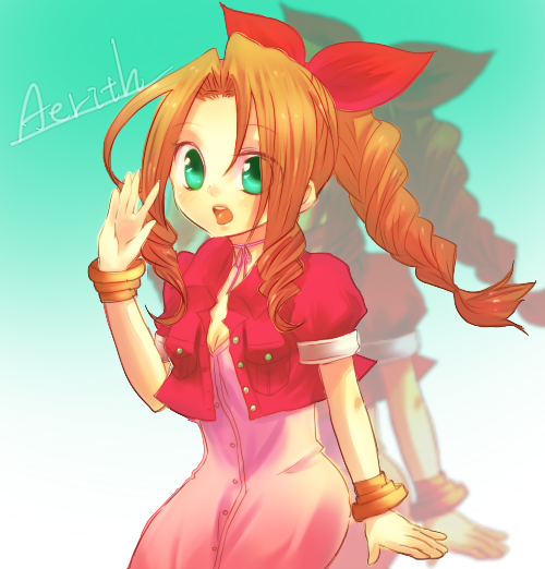 aerith_gainsborough bracelet brown_hair dress female final_fantasy final_fantasy_vii green_eyes jacket long_hair mocho open_mouth ponytail red_ribbon ribbon solo