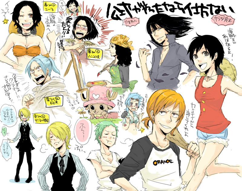 arguing art_brush bandana black_hair blonde_hair blue_hair blush boa_hancock brown_eyes franky genderswap hair_over_one_eye hat hotpants luffyko monkey_d_luffy nami nefertari_vivi nico_robin one_piece orange_hair paintbrush pantyhose portgas_d_ace portgas_d_anne pout raglan_sleeves roronoa_zoro sanji short_hair short_shorts shorts sleeves_rolled_up sunglasses sunglasses_on_head surprise surprised tony_tony_chopper top_hat translation_request usopp