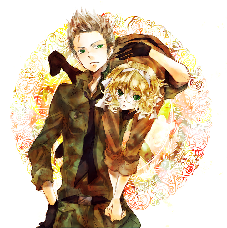 bad_id belgium_(hetalia) blonde_hair brother_and_sister carrying carrying_over_shoulder green_eyes grey_hair hair_ribbon military military_uniform necktie netherlands_(hetalia) ribbon siblings sideburns sleeves_rolled_up ta_eiko taeko_(tao) uniform