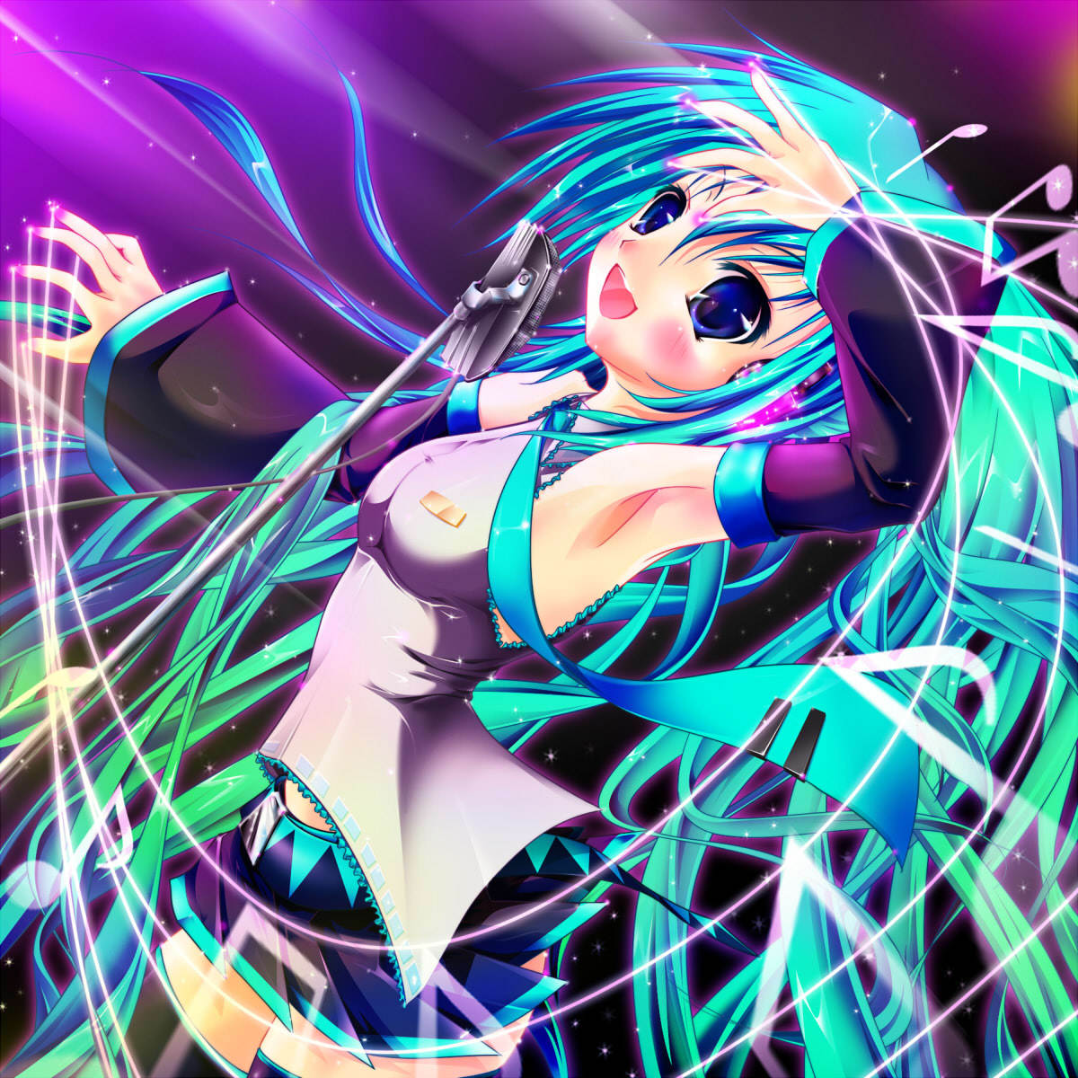 aqua_eyes aqua_hair armpits arms_up detached_sleeves hatsune_miku headphones highres long_hair microphone musical_note necktie nironiro skirt smile solo thigh-highs thighhighs twintails very_long_hair vocaloid zettai_ryouiki