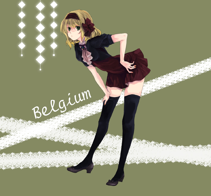 belgium_(hetalia) black_legwear black_thighhighs blonde_hair green_eyes hair_ribbon miniskirt movo ribbon skirt thigh-highs thighhighs zettai_ryouiki