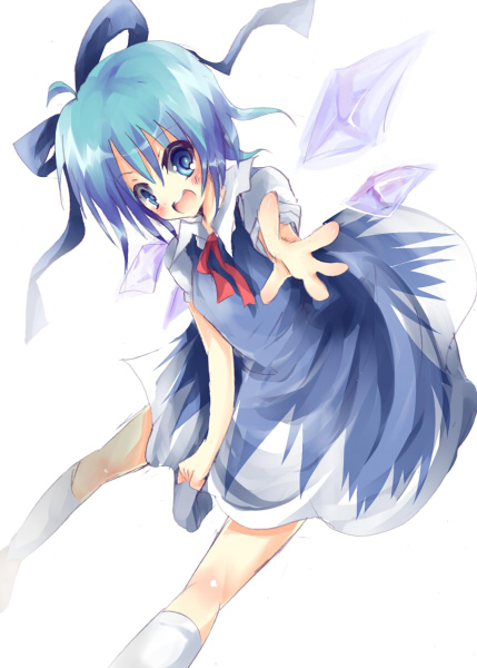 bad_id blue_eyes blue_hair blush bow cirno haibow hair_bow open_mouth rarami solo touhou wings