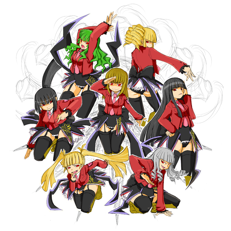 angry asmodeus bangs beelzebub belphegor black_hair black_legwear blazer blonde_hair blunt_bangs boots brown_hair drill_hair garter_straps garters green_hair grey_hair hime_cut leviathan_(umineko) long_hair lucifer mammon necktie ponytail red_eyes salute satan stakes_of_purgatory thigh-highs thighhighs twintails umineko_no_naku_koro_ni uniform