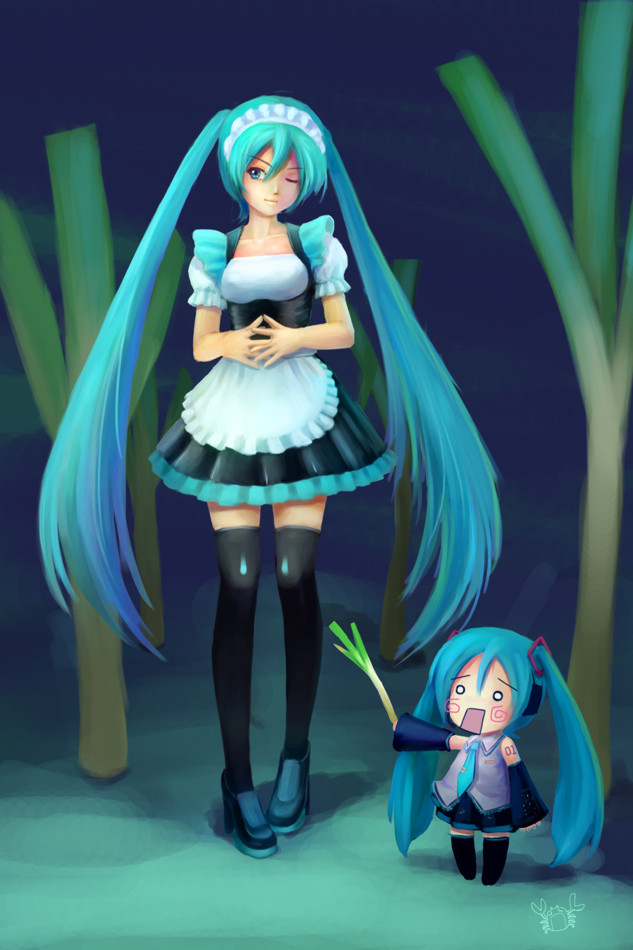 apron aqua_hair bad_id blue_eyes enmaided hachune_miku hatsune_miku jackiexp legs long_hair maid smile spring_onion thigh-highs thighhighs twintails very_long_hair vocaloid wink wudi_de_pangxie zettai_ryouiki