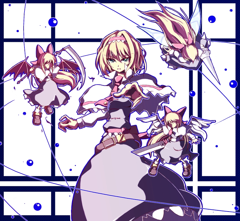 angel_wings blonde_hair blue_eyes capelet demon_wings doll fairy_wings flying foreshortening hairband long_hair no_eyes outstretched_arm polearm sanshirou scythe shanghai shanghai_doll short_hair sword touhou weapon wings