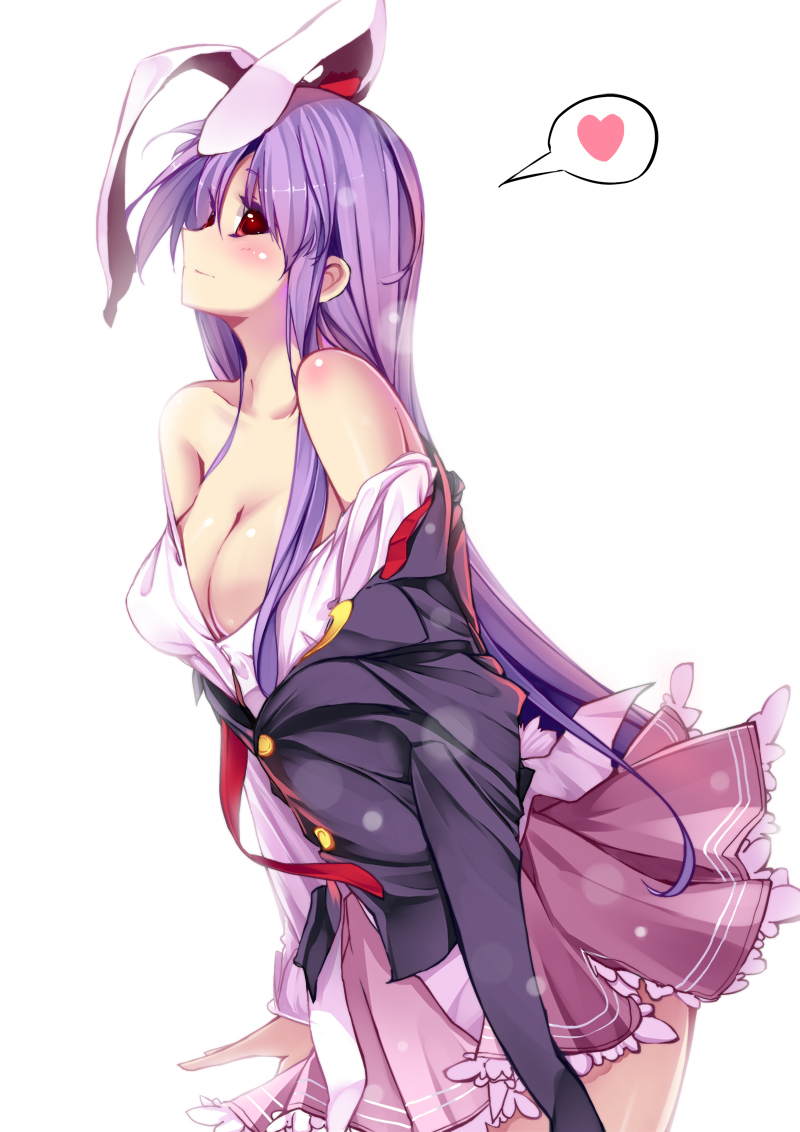 bare_shoulders blazer breasts bunny_ears caidychen cleavage heart long_hair necktie no_bra pleated_skirt purple_hair rabbit_ears red_eyes reisen_udongein_inaba sakura_sora simple_background skirt solo touhou undressing