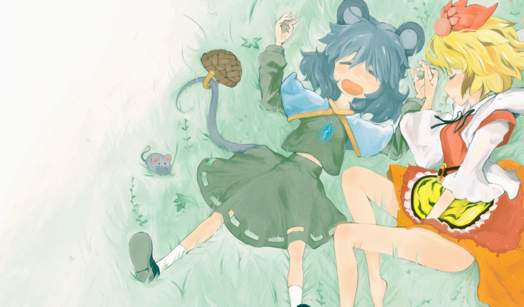 animal_ears basket blonde_hair hair_ornament jewelry mouse mouse_ears mouse_tail multicolored_hair multiple_girls nazrin okoge pendant short_hair sleeping tail toramaru_shou touhou