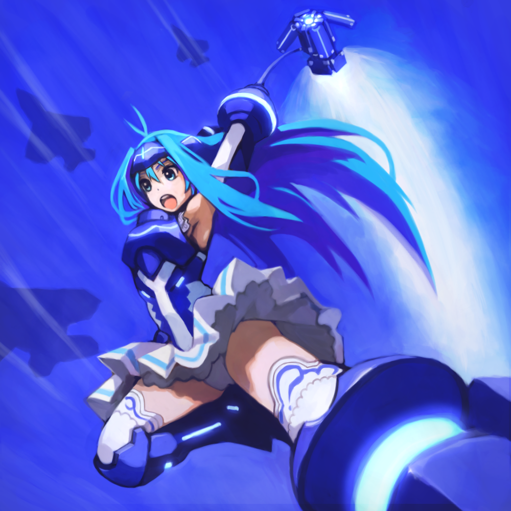 1girl antenna_hair armor armored_dress blue_eyes blue_hair futaba_aoi_(vividred_operation) gauntlets hammer headgear kiarino long_hair thigh-highs thighhighs vividblue vividred_operation white_legwear