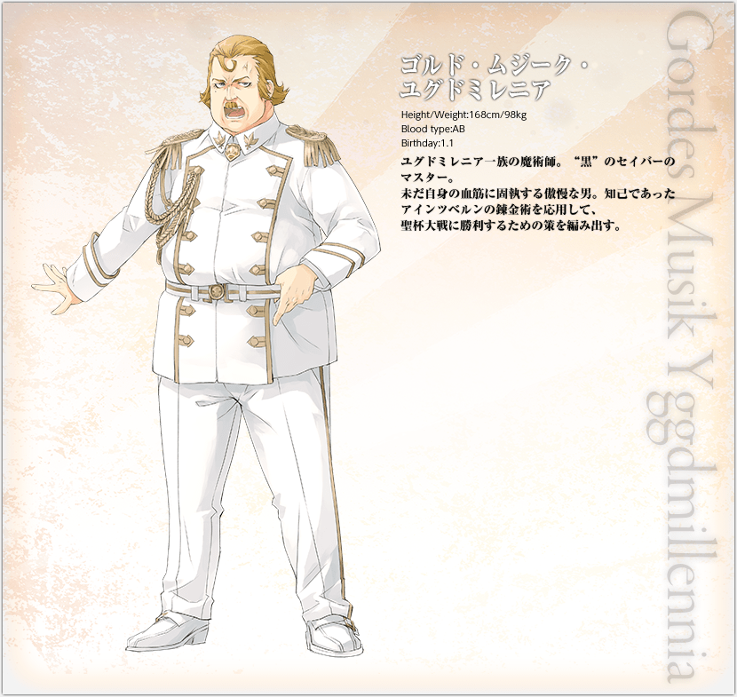 1boy blonde_hair facial_hair fat_man fate/apocrypha fate_(series) gloves gordes_musik_yggdmillenia gordes_musik_yggdmillennia konoe_ototsugu mustache official_art open_mouth short_hair solo translated white_gloves