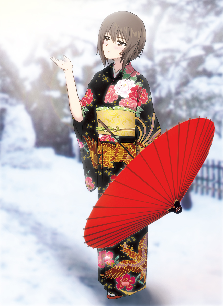 1girl artist_request brown_hair girls_und_panzer highres japanese_clothes kimono nishizumi_maho ootoro parasol short_hair snow solo umbrella