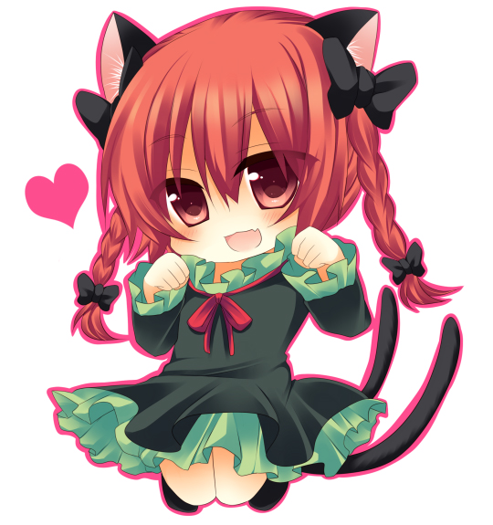 1girl animal_ears blush bow braid cat_ears cat_tail chibi dress fang green_dress hair_bow heart jumping kaenbyou_rin long_sleeves looking_at_viewer multiple_tails open_mouth red_dress red_eyes shikito simple_background smile solo tail touhou twin_braids white_background