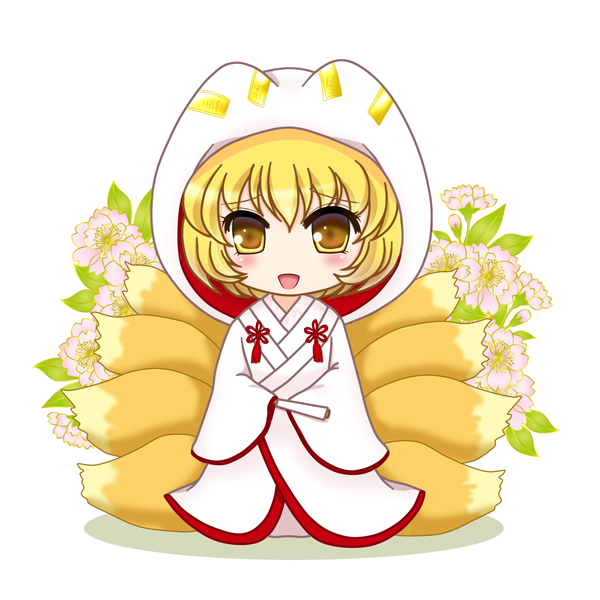 1girl blonde_hair bride chibi closed_fan fan female ferre flower folding_fan fox_tail hands_in_sleeves hood japanese_clothes kimono leaf looking_at_viewer multiple_tails open_mouth short_hair simple_background solo tail touhou uchikake white_background yakumo_ran yellow_eyes