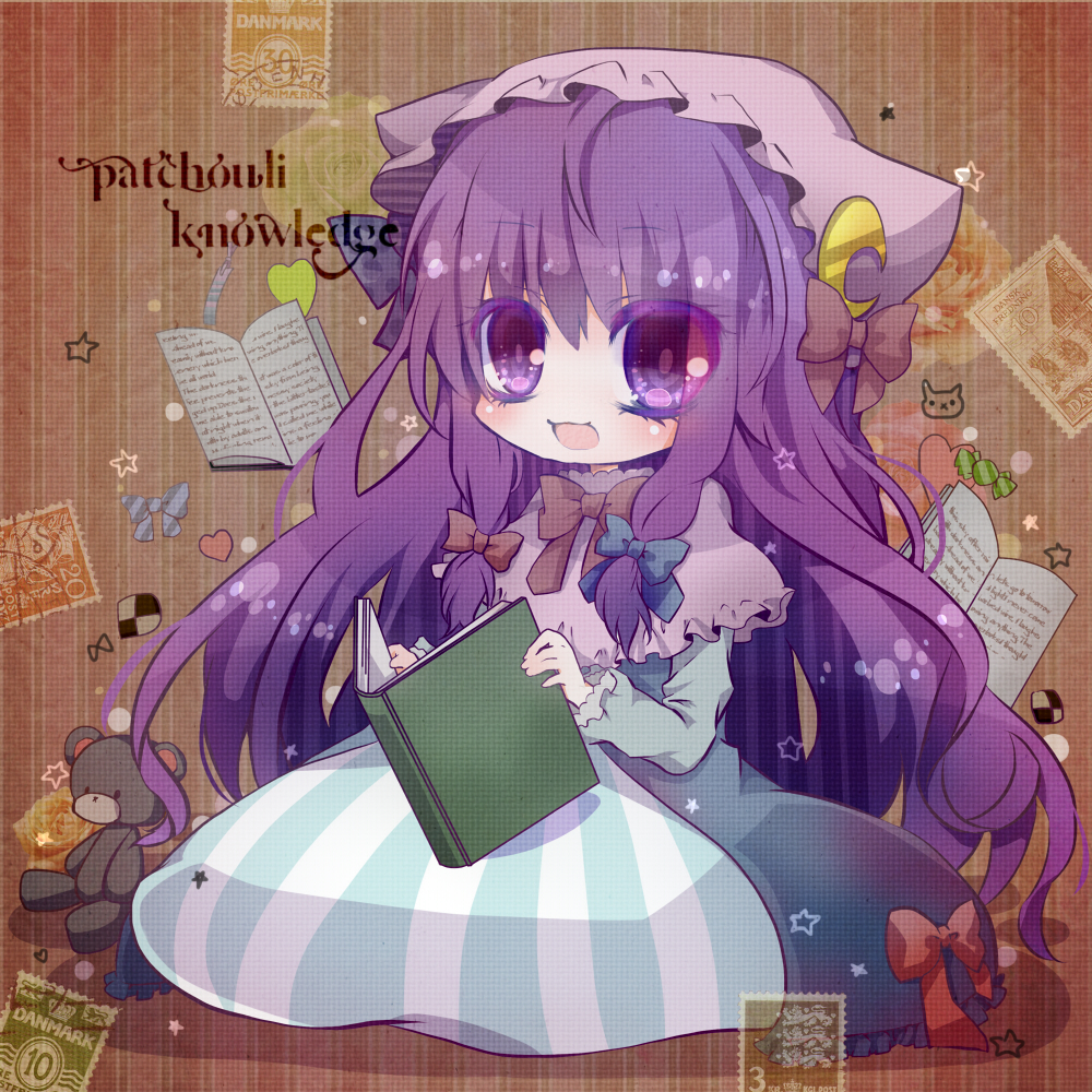 1girl animal_ears aya-0w0 blue_dress book bow candy capelet cat_ears cat_tail crescent dress hair_bow hat heart kemonomimi_mode long_hair open_clothes open_coat open_mouth patchouli_knowledge purple_eyes purple_hair reading sitting smile solo stamp striped striped_dress stuffed_animal stuffed_toy tail teddy_bear touhou very_long_hair violet_eyes