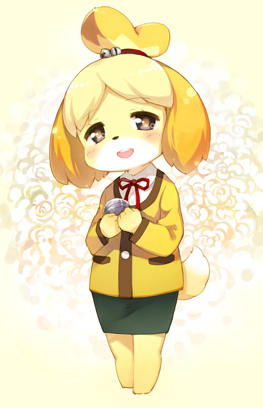 1girl :3 animal_ears bell blonde_hair blush brown_eyes dog doubutsu_no_mori flower holding kito_(sorahate) nintendo paws ribbon shizue_(animal_crossing) smile solo standing tail topknot uniform