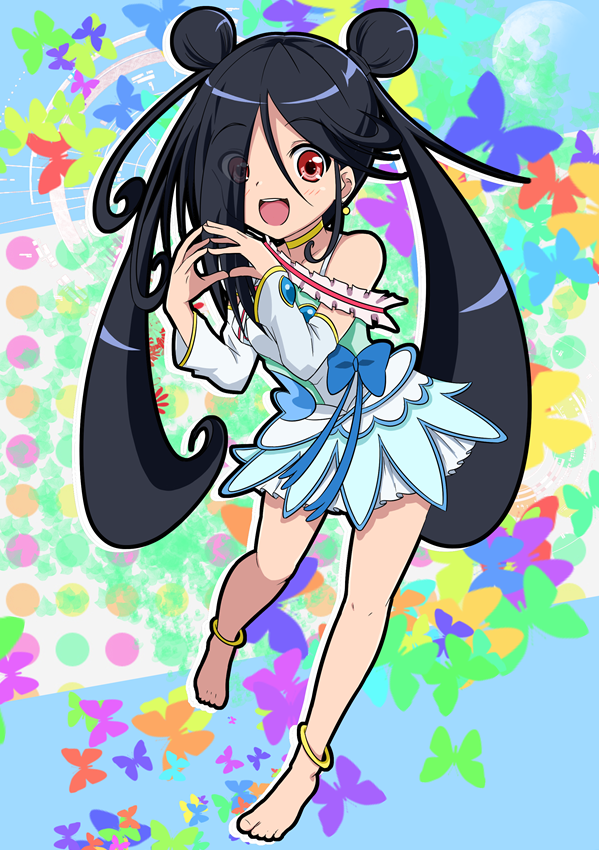 1girl :d anklet azumawari_(azumofu) barefoot black_hair bow choker cosplay double_bun hair_over_one_eye hands_together happy jewelry long_hair magical_girl open_mouth parody precure red_eyes ribbon skirt smile solo the_ring twintails yamamura_sadako