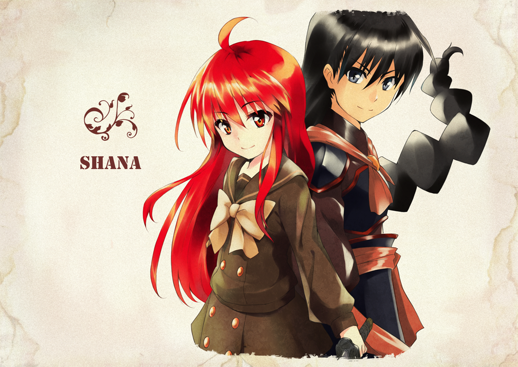 1boy 1girl back-to-back black_eyes black_hair braid hand_holding holding_hands long_hair mokkei red_eyes red_hair redhead sairei_no_hebi sakai_yuuji shakugan_no_shana shana spoilers