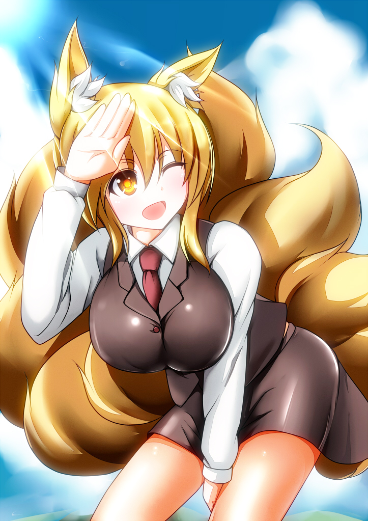 1girl ;0 alternate_costume animal_ears blonde_hair blush breasts fox_ears fox_tail koakuma koakuma_(cosplay) large_breasts long_sleeves merry_(diameri) multiple_tails necktie office_lady open_mouth short_hair skirt smile solo sun tail touhou vest yakumo_ran yellow_eyes