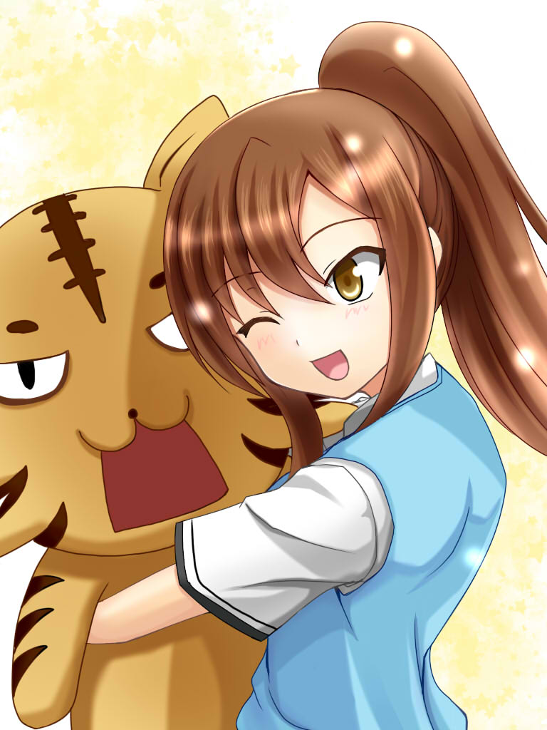 :3 ;d alice360 aoyama_nanami blush brown_eyes brown_hair doll_hug long_hair open_mouth ponytail sakura-sou_no_pet_na_kanojo smile solo stuffed_animal stuffed_toy tiger wink