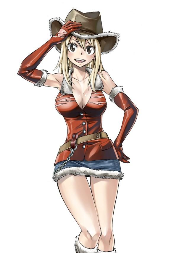 1girl alternate_costume belt blonde_hair blush boots breasts brown_eyes chain chains cleavage cowboy_hat elbow_gloves fairy_tail fur_trim gloves hat large_breasts long_hair lucy_heartfilia mashima_hiro official_art skirt smile solo