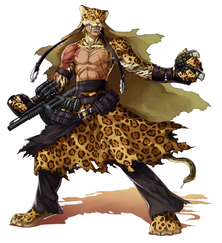1boy clenched_teeth explosive fangs flauros_(mygrimoire) grenade gun kyousaku leopard leopard_print male mouth_hold mygrimoire original pants scar shirtless snake solo weapon white_background