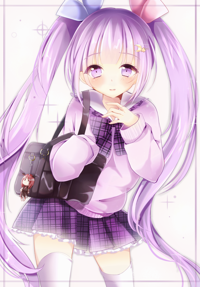 1girl aliprojectlove alternate_costume alternate_hairstyle bag blush bow character_doll checkered_dress crescent frame hair_ornament hair_ribbon hairclip head_wings koakuma long_hair long_sleeves looking_at_viewer open_mouth patchouli_knowledge pleated_skirt purple_eyes purple_hair red_hair revision ribbon school_bag school_uniform shirt shoulder_bag skirt skirt_set smile solo star sweater thigh-highs thighhighs touhou twintails very_long_hair vest violet_eyes zettai_ryouiki
