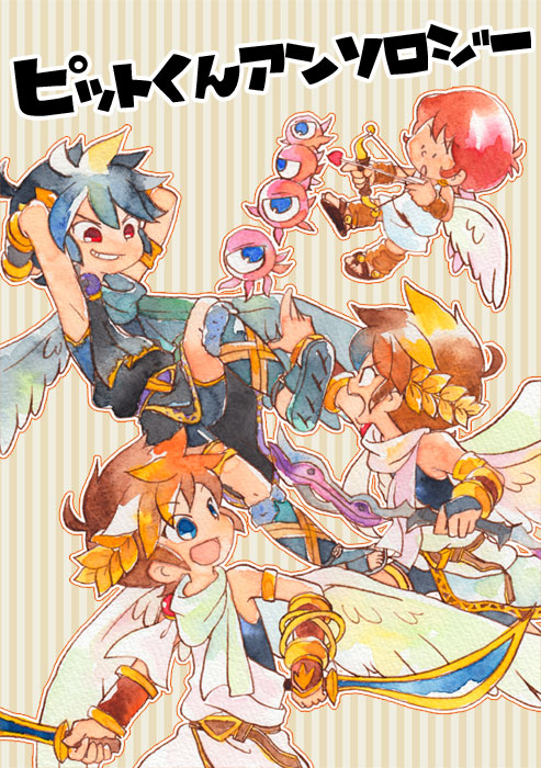 angel angel_wings black_hair blue_eyes bow_(weapon) brown_hair dark_pit kid_icarus kid_icarus_uprising monoeye multiple_persona nintendo pit_(kid_icarus) red_eyes red_hair sandals super_smash_bros. weapon wings