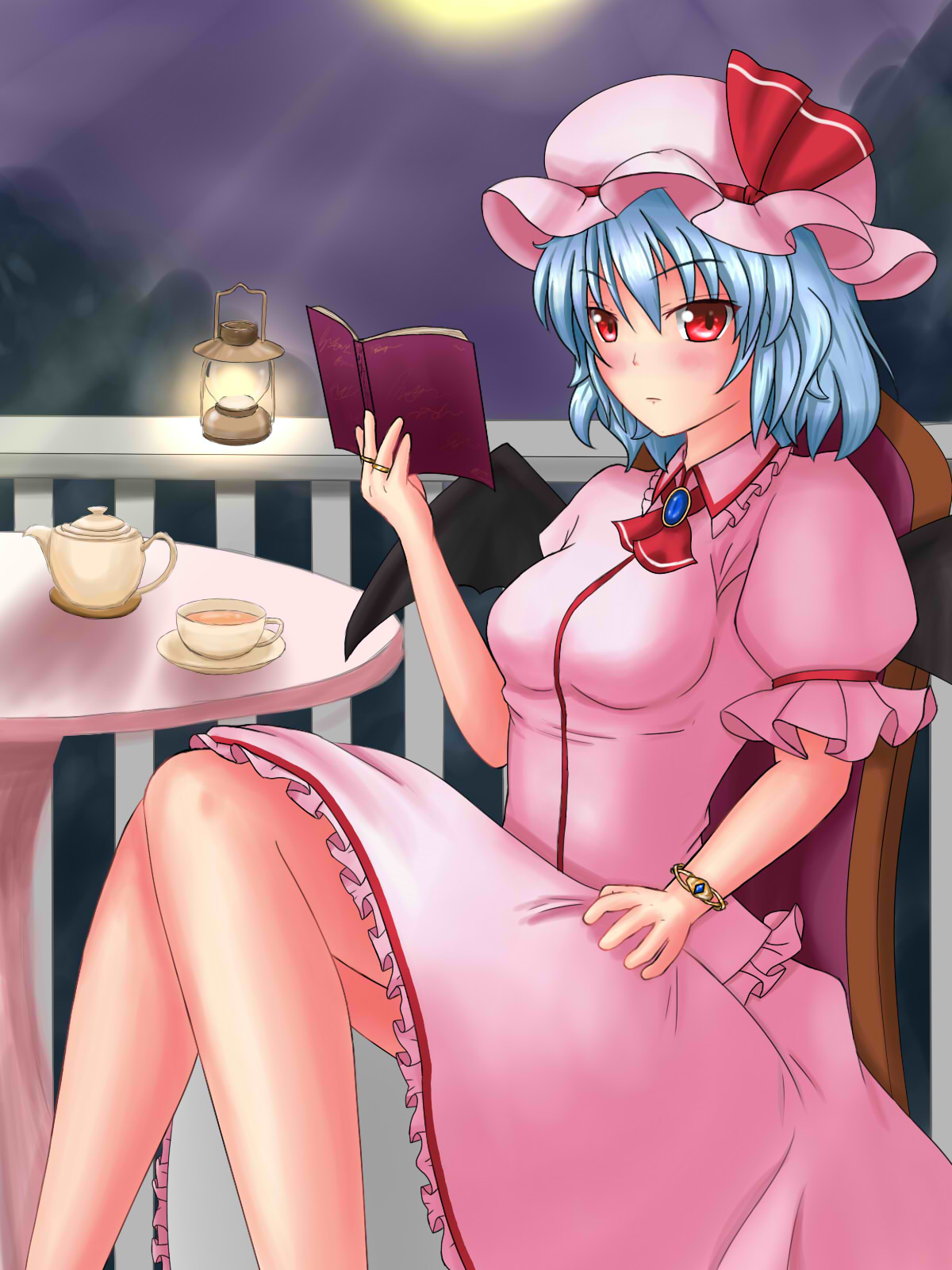 1girl ascot bat_wings blouse blue_hair book bracelet brooch chair cup fence full_moon hand_on_thigh highres jewelry lamp looking_at_viewer mob_cap moon moonbeam night puffy_sleeves red_eyes remilia_scarlet ring sakashi_shinne short_hair short_sleeves skirt solo table teacup teapot touhou wings