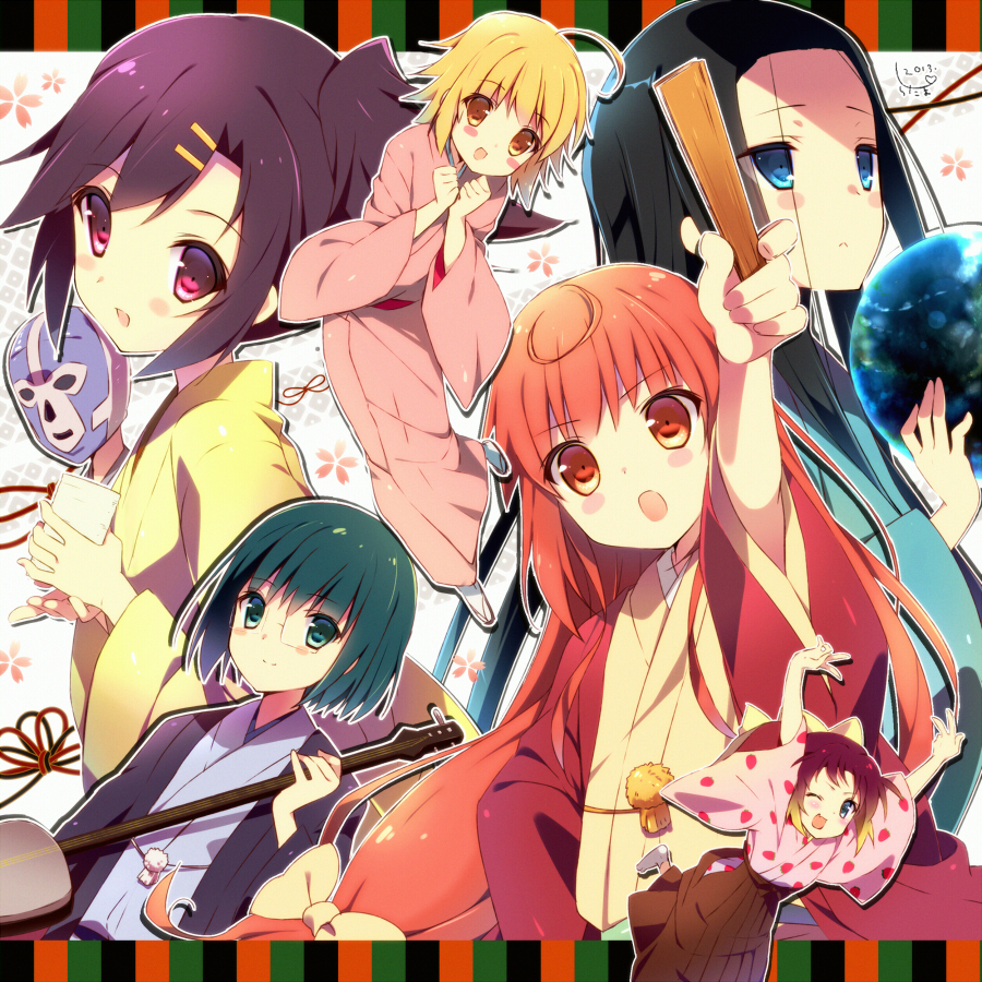 6+girls anrakutei_kukuru black_hair blonde_hair blush bouhatei_tetora brown_eyes buratei_marii glasses hair_ornament haroukitei_kigurumi japanese_clothes joshiraku kimono kuurubiyuutei_gankyou long_hair looking_at_viewer luchador_mask multiple_girls open_mouth orange_hair red_hair redhead ritual_baton sarico short_hair smile uzattei_uzannu