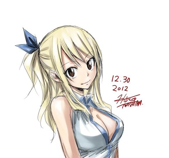 1girl blonde_hair breasts brown_eyes cleavage dated fairy_tail large_breasts long_hair lucy_heartfilia mashima_hiro official_art rough side_ponytail signature smile solo