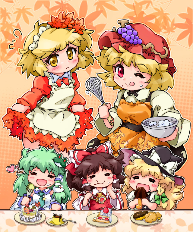 5girls :&lt; ;p aki_minoriko aki_shizuha ascot blonde_hair blush bow braid breasts brown_hair cake candy chocolate chopsticks cooking dessert detached_sleeves dish dress eating food fork frog_hair_ornament fruit grapes green_hair hair_bow hair_ornament hair_tubes hakurei_reimu hat heart kirisame_marisa kochiya_sanae leaf long_hair long_sleeves maid maid_headdress maple_leaf multiple_girls open_mouth pastry pot pudding red_eyes ribbon short_hair siblings single_braid sisters skirt smile snake_hair_ornament tongue touhou whisk wink witch_hat yellow_eyes zipang