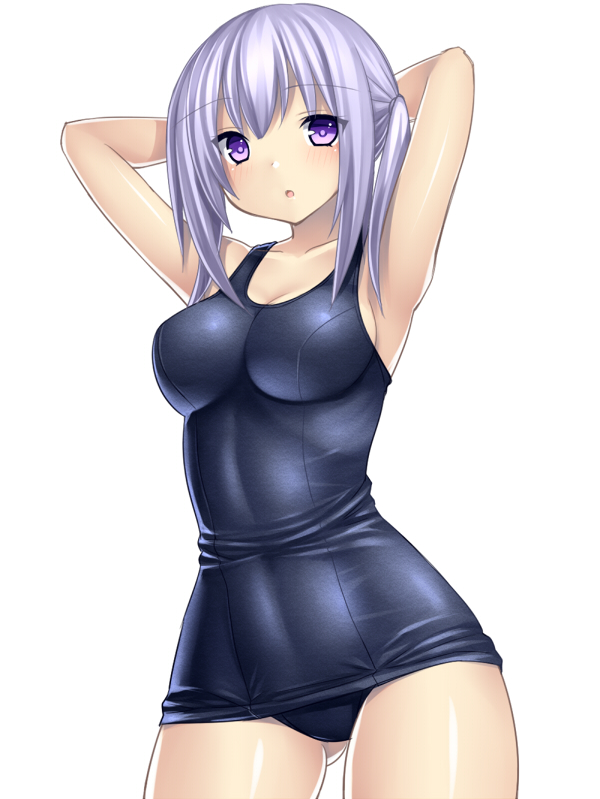 1girl :o armpits arms_behind_head arms_up blush breasts cleavage lavender_hair one-piece_swimsuit open_mouth original purple_eyes school_swimsuit short_hair short_twintails simple_background solo swimsuit tsukumiya_amane twintails violet_eyes white_background