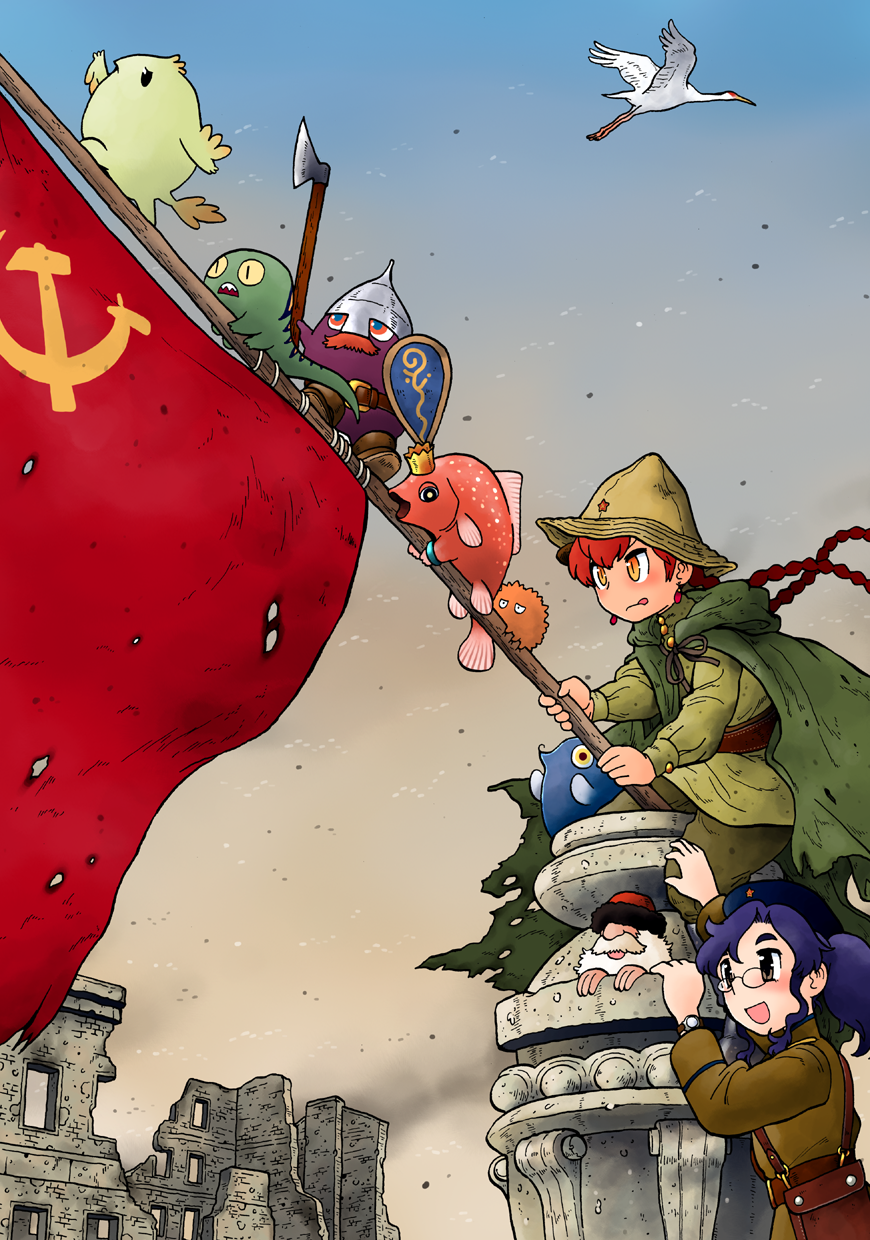 axe bird braid cape fish glasses hammer_and_sickle hat hayami_rasenjin helmet highres kutsuzure_sensen military military_uniform nadia_norshteyn open_mouth soviet soviet_flag stork twin_braids uniform vasilisa_prekrasnaya weapon world_war_ii