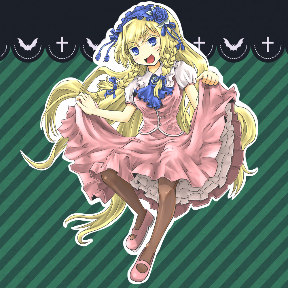 1girl bat blonde_hair blue_eyes blush bow braid breasts brooch brown_legwear castlevania castlevania:_harmony_of_despair cross flower hair_bow hair_ribbon hairband jewelry long_hair maria_renard mary_janes open_mouth pantyhose ribbon shoes skirt smile solo tanisino_hitugi twin_braids vest