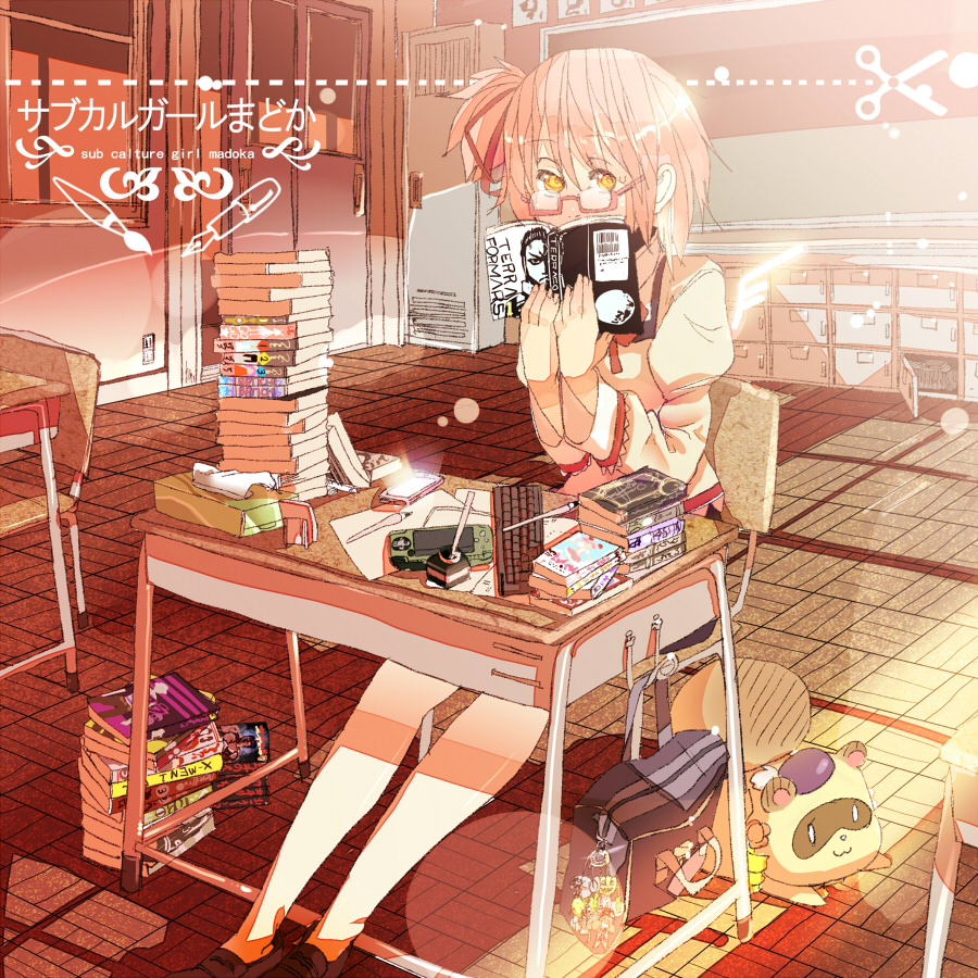 1girl bag bespectacled book cellphone classroom computer_keyboard dotted_outline glasses goddess_madoka gozaemon holding holding_book inkwell kaname_madoka lens_flare looking_at_viewer mahou_shoujo_madoka_magica phone pink_hair playstation_portable reading red-framed_glasses school_uniform scissors semi-rimless_glasses short_hair side_ponytail solo tissue_box ultimate_madoka under-rim_glasses wings yellow_eyes