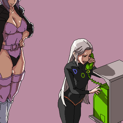 2girls artist_request bangs boots breasts cleavage commentary dos ghost_in_the_shell hand_on_hip kusanagi_motoko large_breasts leotard long_hair lowres multiple_girls oekaki open_clothes open_jacket os-tan parted_bangs payphone phone purple_hair short_hair silver_hair sweatdrop sweater thigh-highs thighhighs you_gonna_get_raped