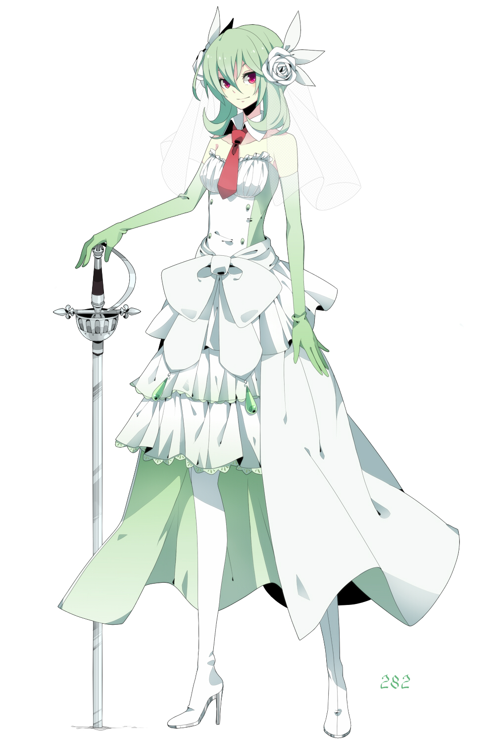 1girl bare_shoulders boots dress flower gardevoir green_hair hair_flower hair_ornament high_heels highres looking_at_viewer merlusa necktie personification planted_weapon pokemon red_eyes shoes short_hair simple_background skirt smile solo standing sword thigh-highs thigh_boots thighhighs weapon white_background