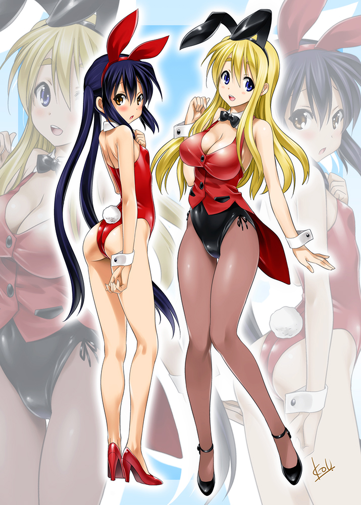 2girls alternate_costume animal_ears ass bare_shoulders black_hair black_legwear blonde_hair blue_eyes blush bow bowtie breasts brown_eyes brown_hair bunny_ears bunny_tail bunnysuit cleavage detached_collar fake_animal_ears high_heels k-on! kneepits kotobuki_tsumugi large_breasts leotard long_hair looking_at_viewer mitarashi_kousei multiple_girls nakano_azusa pantyhose rabbit_ears ribbon shoes smile tail twintails wrist_cuffs zoom_layer