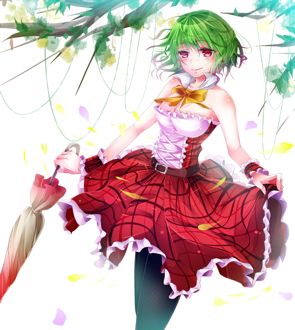 1girl ascot bare_shoulders belt black_legwear breasts detached_collar dress green_hair kazami_yuuka pantyhose plaid plaid_dress red_eyes rukito short_hair smile solo touhou umbrella wrist_cuffs