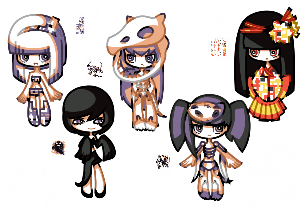 5girls :&lt; aerodactyl assymetrical_bangs bangs black_hair blunt_bangs full_body ghost hair_ornament helmet high_contrast japanese_clothes kabutops long_hair midriff missingno. multiple_girls multiple_persona nekozneko orange_eyes personification pokemon pokemon_(game) pokemon_rgby pokemon_tower_ghost purple_eyes purple_hair shibi simple_background skeleton skull skull_hair_ornament standing transparent_background very_long_hair violet_eyes white_background