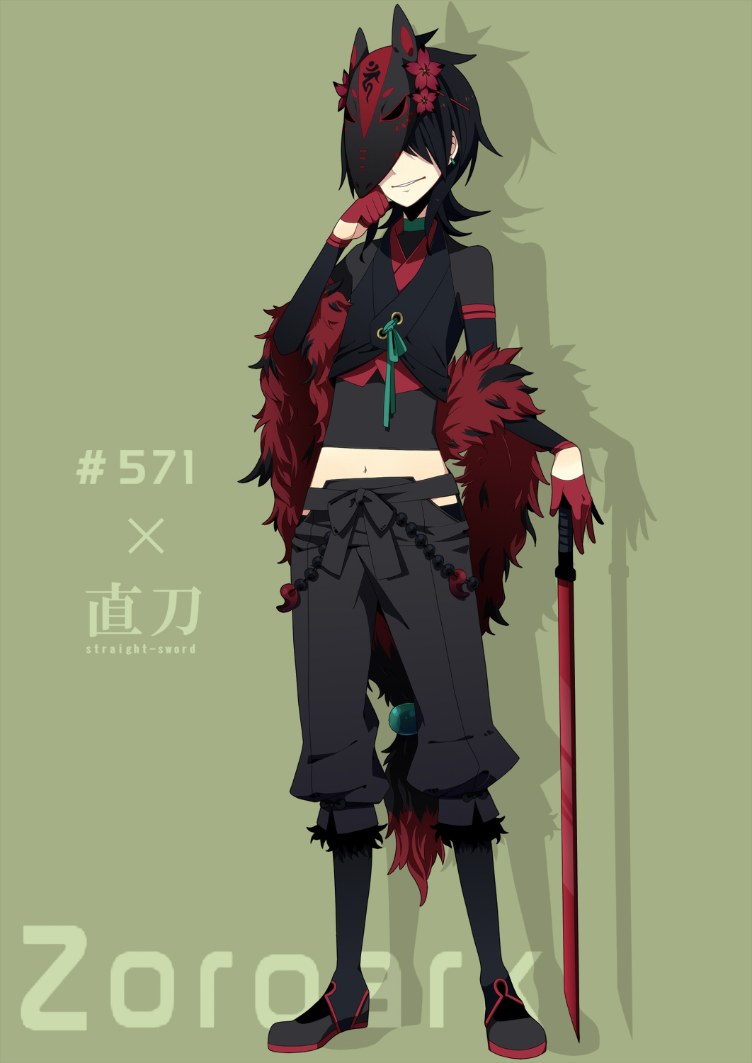 1boy black_hair character_name flower gloves hair_over_eyes highres long_hair male mask merlusa midriff navel pants parted_lips personification pokemon shadow short_hair solo sword very_long_hair weapon zoroark