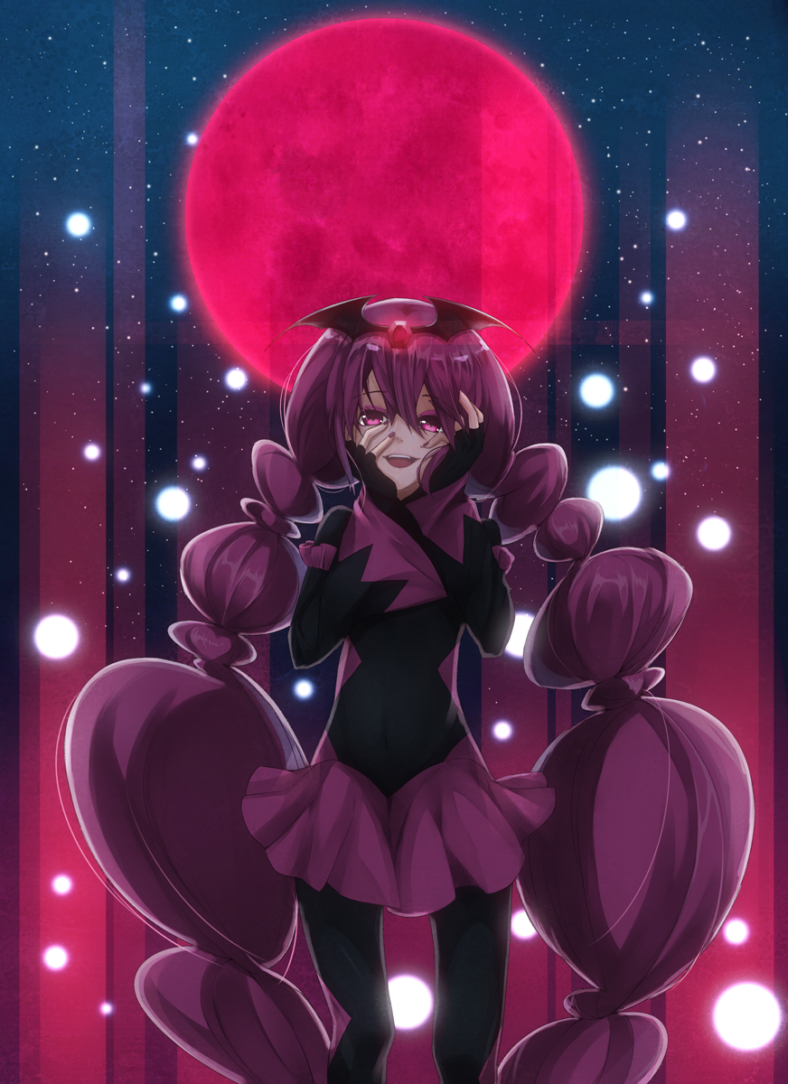 bad_end_happy bad_end_precure bat_wings bodysuit fingerless_gloves gloves hands_on_own_face highres long_hair moon open_mouth pink_eyes pink_hair precure red_moon smile smile_precure! solo twintails wings yandere_trance yuki_(nanao_yuki)