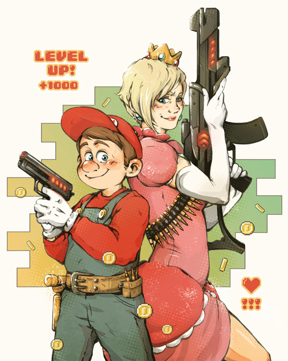 1boy 1girl assault_rifle back-to-back bandolier baseball_cap belt blonde_hair blue_eyes brown_hair bullet coin cosplay couple crown dress elbow_gloves fix-it_felix_jr gloves gun hammer hat height_difference kate_serafin lipstick makeup mario mario_(cosplay) pistol princess_peach princess_peach_(cosplay) rifle short_hair smile super_mario_bros. suspenders tamora_jean_calhoun utility_belt weapon white_gloves wreck-it_ralph