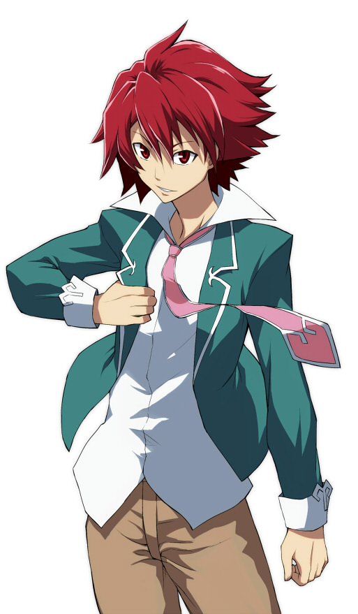 1boy ereraero looking_at_viewer looking_up male necktie parted_lips popped_collar red_hair redhead simple_background solo spiked_hair spiky_hair standing star_driver tsunashi_takuto uniform white_background