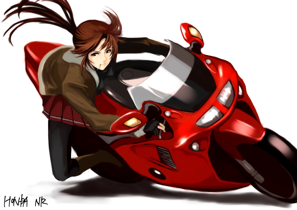 1girl black_lagoon boots casual cigarette coat din_(raiden) hat high_heels knee_boots motor_vehicle motorcycle open_clothes open_jacket pantyhose pleated_skirt revy shoes skirt smoking solo vehicle winter_clothes