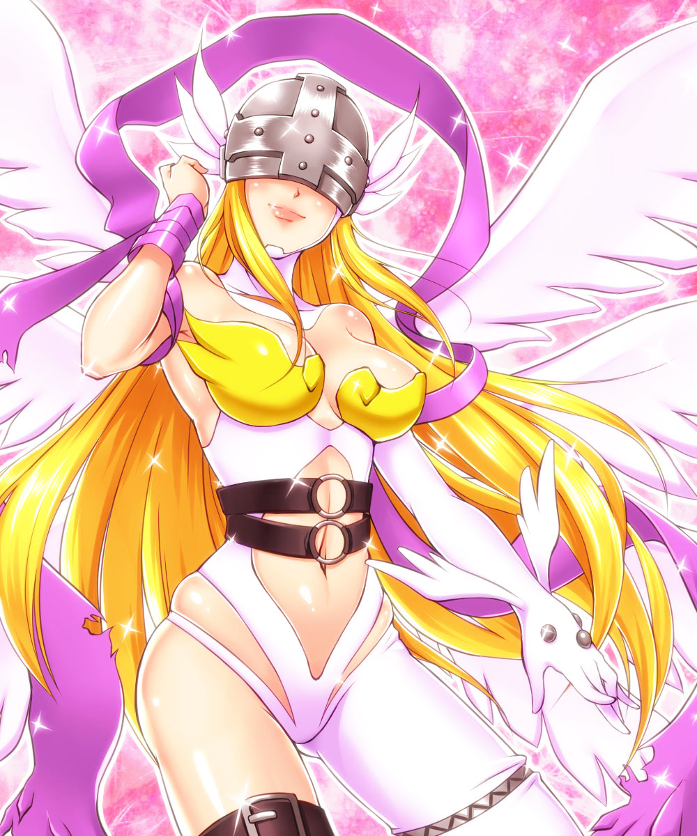 1girl angel_wings angewomon asymmetrical_clothes bare_shoulders belt blonde_hair breastplate breasts buckle cleavage digimon digimon_adventure hagoromo head_wings helmet highres long_hair multiple_wings navel shawl skindentation solo sparkle suzaku4752 thigh_strap wings