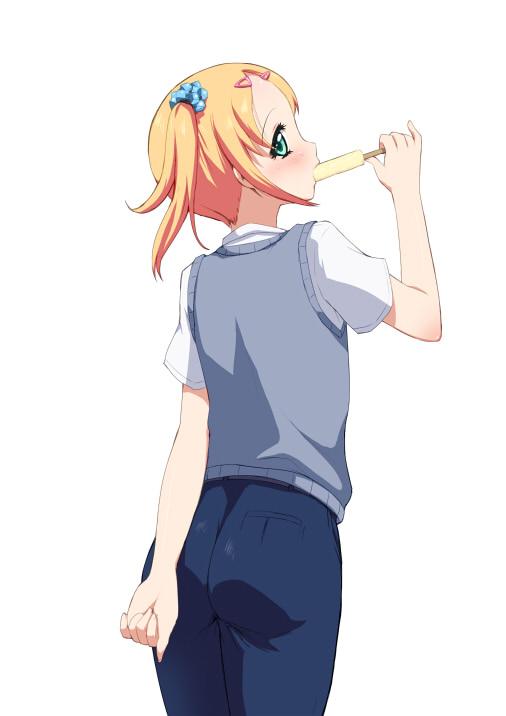 1boy androgynous arm_behind_back ass blush copyright_request eating ereraero green_eyes hair_ornament hairclip looking_back male orange_hair pants popsicle simple_background solo standing trap uniform vest white_background