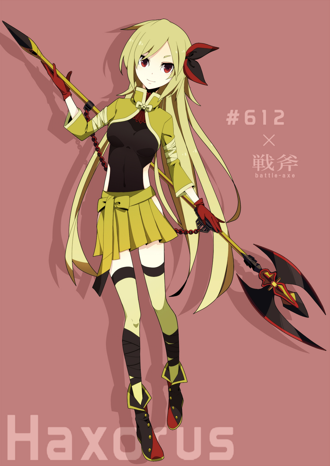 1girl axe bandage bandages blonde_hair boots bow chain chains character_name cropped_jacket gloves hair_bow hair_ribbon haxorus highres long_hair merlusa navel personification pokemon red_eyes ribbon shadow skirt smile solo thigh-highs thighhighs weapon zettai_ryouiki